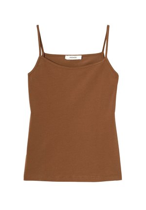 Débardeur en coton marron avec de fines bretelles, un col rond et une silhouette ajustée. Texture lisse sans motifs ni accents.