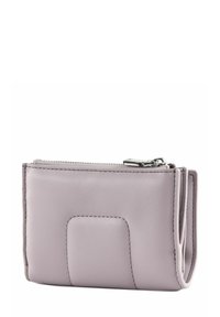 Portefeuille lilas compact en cuir lisse, doté d'une fermeture éclair, de détails cousus et d'un design minimaliste avec une poche avant.