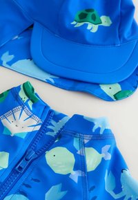 Set di costumi da bagno per bambini in azzurro brillante, con rashguard con cerniera e cappellino coordinato. I disegni includono tartarughe, pesci e conchiglie.