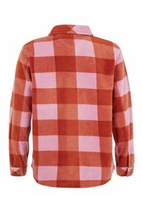 Chemise à manches longues boutonnée avec un grand motif à carreaux rose et orange, vue de dos sur fond blanc.