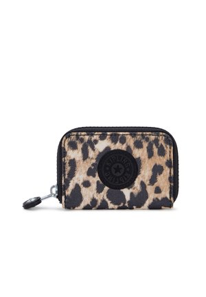 Zippered wallet in leopard print fabric, featuring black accents and a circular logo patch. Rounded shape with a smooth texture.
