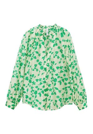 Langsleeve blouse gemaakt van lichtgewicht stof; lichtgroene basis met donkere groene bloemenprints; knopen aan de voorkant; geraffineerde halslijn en manchetten.