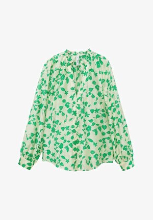 Langsleeve blouse gemaakt van lichtgewicht stof; lichtgroene basis met donkere groene bloemenprints; knopen aan de voorkant; geraffineerde halslijn en manchetten.