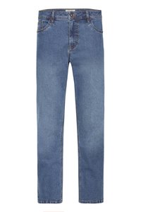 Blugi din denim albastru cu design clasic cu cinci buzunare, croială cu picior drept și cusături maro pe cusături și talie.