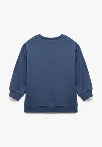 Marineblauwe sweatshirt, ronde hals, lange mouwen met geribbelde manchetten en onderrand, gemaakt van zachte, gestructureerde stof, met een effen achterkant.