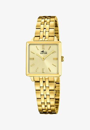 Orologio quadrato in oro con quadrante in oro spazzolato, indici delle ore in oro e cinturino in metallo dorato con maglie intrecciate. È visibile il logo del marchio.