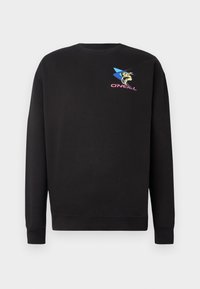 Svart långärmad crewneck sweatshirt med liten färgglad O'Neill-logga och grafik på vänstra bröstet.