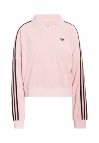 Roza, skraćeni pulover s teksturiranim materijalom, V-izrezom i crnim prugastim detaljima na rukavima. Ima izvezeni logo na prsima.