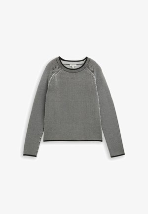 Gestreiftes Langarmoberteil in Schwarz und Weiß mit gerippter Textur, schwarzem Bund am Ausschnitt und Raglanärmeln. Kurzes Design.