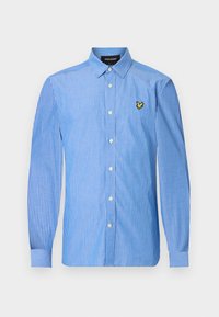 Μπλε και λευκό ριγέ πουκάμισο με κουμπιά και μακριά μανίκια, με μικρό κίτρινο λογότυπο στο αριστερό στήθος και τυπικό κλείσιμο με κουμπιά.