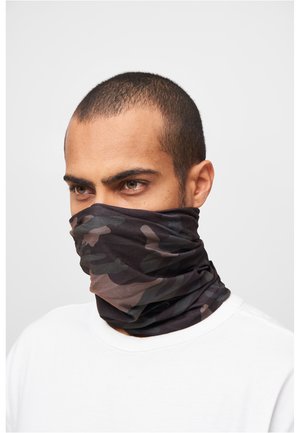 Black and brown camo neck gaiter made of lightweight fabric, wrapping around the lower face, with a smooth texture and no fasteners.