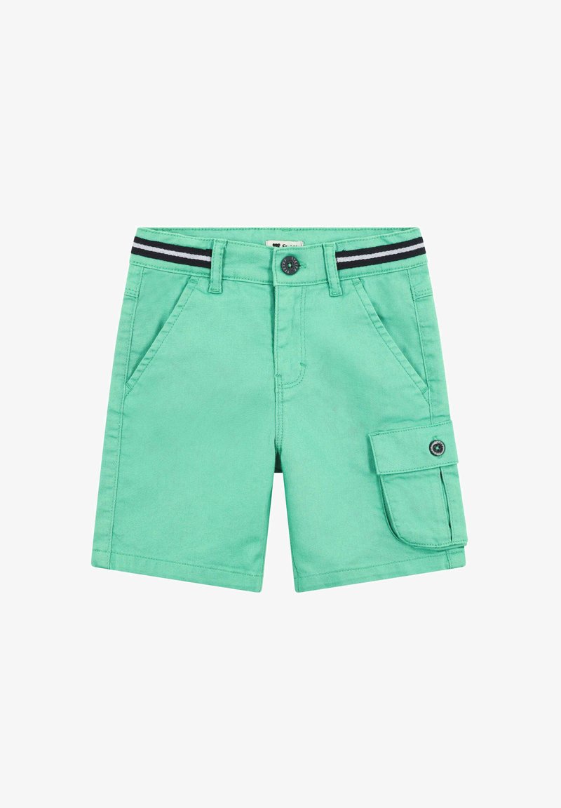 Lichtgroene katoenen shorts met een knoopsluiting, zijzakken en een cargozak met een zwarte knop en gestreepte tailleband.