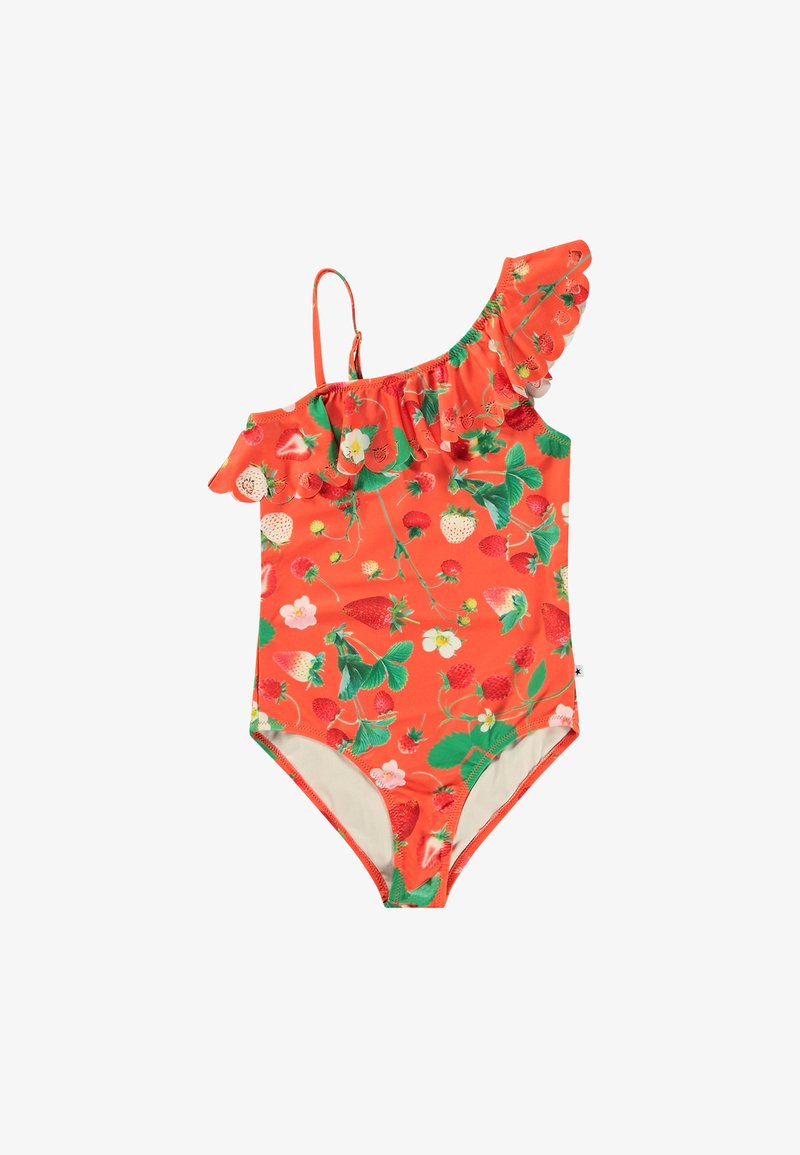Vienpusē peldkostīms spilgti oranžā krāsā ar volāniem, zemeņu un ziedu rakstu, elastīgu audumu un regulējamu siksniņu.
