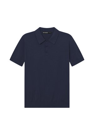 Granatowy polo z krótkim rękawem, kołnierzem i plisą na trzy guziki, z subtelnym haftem logo na piersi.