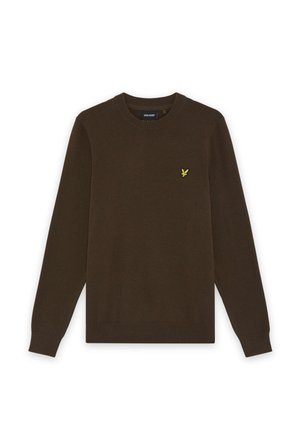 Mørkebrun langærmet crewneck-trøje med ribstrikkede manchetter og kant, med en lille gul fuglelogo på venstre bryst.