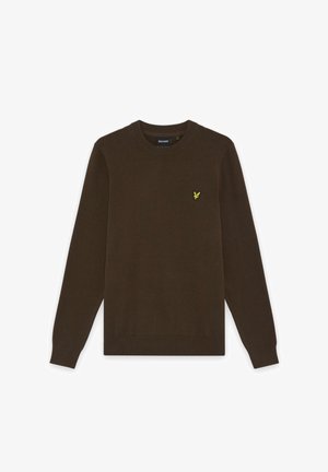 Sötétbarna hosszú ujjú, kerek nyakú pulóver bordázott mandzsettákkal és szegéllyel, kis sárga madár logóval a bal mellrészen.