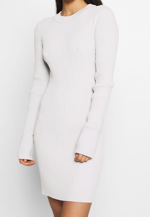 Robe à manches longues en maille côtelée de couleur gris clair. Elle présente un col rond, une silhouette ajustée et des ouvertures pour les pouces aux poignets. Tissu doux et texturé.