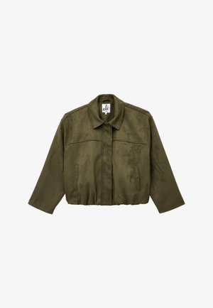 Olivengrøn cropped jakke i blødt ruskindlignende materiale. Har en klassisk krave, frontlommer og elastisk talje for en tætsiddende pasform.