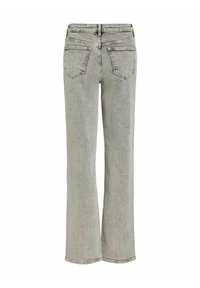 Jean gris clair à jambes droites avec deux poches arrière et coutures visibles, vu de dos sur fond blanc.