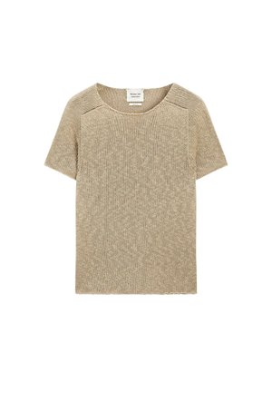 Beiger Kurzarmstrickpullover mit Rundhalsausschnitt und leichtem, offenem Gewebe, mit dem Etikett Massimo Dutti Limited Edition.