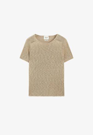 Beige korte mouw gebreide trui met ronde hals en lichte, open geweven structuur, gelabeld Massimo Dutti Limited Edition.