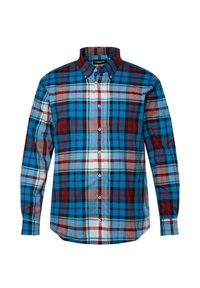 Camisa de cuadros en colores azul, rojo y crema. Mangas largas, cuello abotonado, bolsillo en el pecho y detalle de tapeta de botones en la parte frontal. Material de algodón.