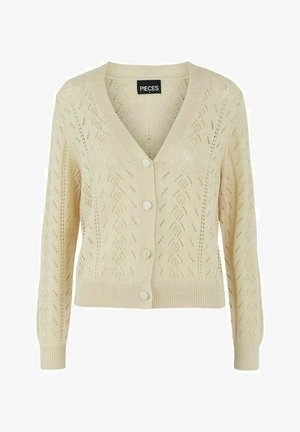 Cardigan lavorato a maglia color crema con scollo a V, chiusura con bottoni e motivo a diamante, polsini e orlo a coste. Design accogliente e strutturato.