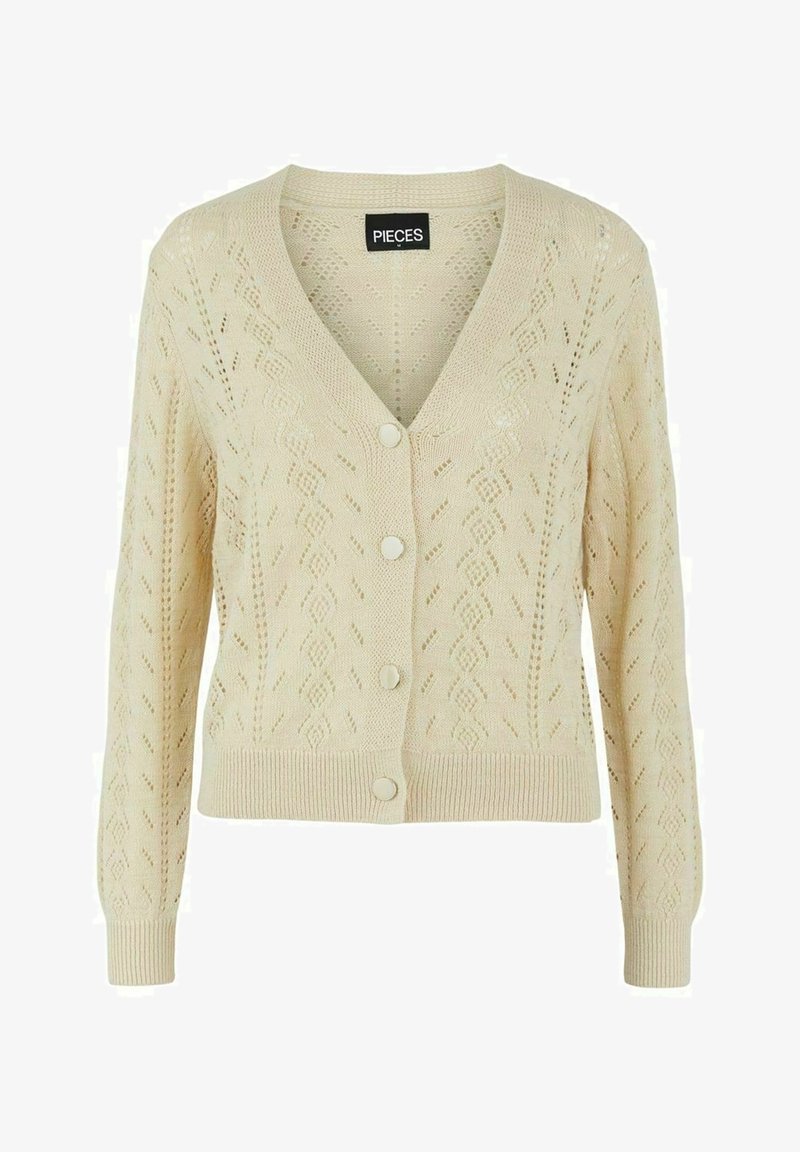 Crèmekleurig gebreid vest met V-hals, knoopsluiting en ruitpatroon met geribde boorden en zoom. Gezellig en gestructureerd ontwerp.