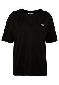 Svart bomulls-t-shirt med v-ringning, korta ärmar och en liten grön broderad krokodil-logotyp på vänster bröst.