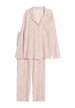 Loungewear set featuring a long-sleeve button-up top and pants, made of soft fabric, with a light pink background and small red triangular patterns.