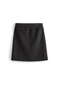 Zwarte rok met een gladde stofstructuur, een aansluitende tailleband en een rechte zoom. Eenvoudig ontwerp zonder patronen of versieringen.