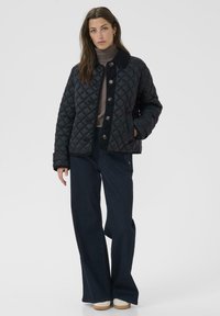 Black quilted jacket with a collar, front buttons, and side pockets, paired with dark flared jeans and light-colored shoes.