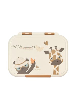 Krém színű uzsonnás doboz panda és zsiráf mintával. Barna részletekkel, pillangók ábrázolásával és "SAFARI" felirattal.