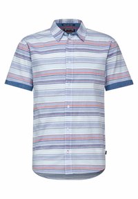 Hedvábná košile s krátkým rukávem, světle modrého základu, s vodorovnými pruhy v růžové, fialové a tmavě modré barvě. Bavlněný materiál, klasický límec.