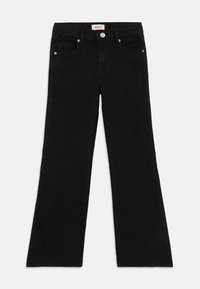 Svarte denim bukser med vide ben og høy midje, fem lommer, sentral knappelukking og subtile sømdetaljer.