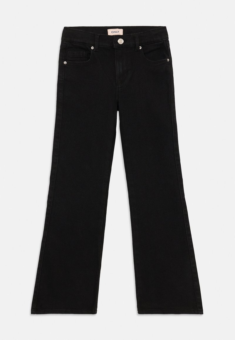 Black denim flared jeans with a high waist, five-pocket design, central button closure, and subtle stitching details.