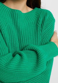 Zielony sweter z dzianiny o ryflowanym wzorze, z okrągłym dekoltem i teksturowanym materiałem. Długie rękawy z podwiniętymi mankietami.