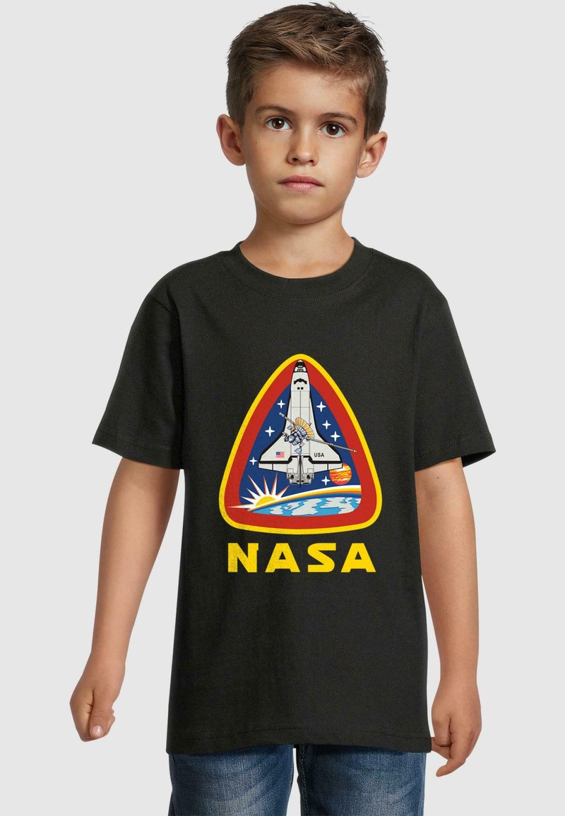 Black t-shirt featuring a NASA logo display with a space shuttle design, yellow text, and colorful space-themed artwork.