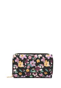 Gėlių piniginė su juodu audiniu, papuošta rožinėmis, geltonomis ir žaliomis gėlėmis. Auksinės spalvos užtrauktukas ir logotipo akcentas. Kompaktiška, stačiakampio forma.