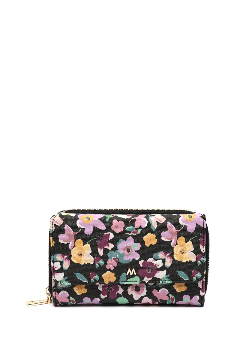 Gėlių piniginė su juodu audiniu, papuošta rožinėmis, geltonomis ir žaliomis gėlėmis. Auksinės spalvos užtrauktukas ir logotipo akcentas. Kompaktiška, stačiakampio forma.