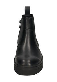 Black leather ankle boot with a smooth finish, rounded toe, side zipper, and a pull tab on the back for easy wear. Sturdy sole.
