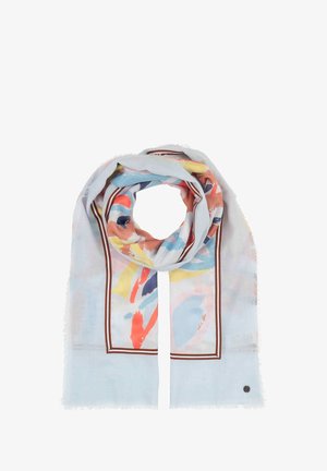 Light blue scarf with an abstract multicolored pattern. Fringed edges and contrasting brown border detail. Made of lightweight fabric.