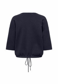 Pull-over en maille bleu marine avec manches trois-quarts, doté d'un ourlet à cordon de serrage et d'une coupe décontractée et carrée. Texture lisse, sans motifs.