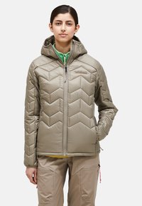 Lichtgewicht, kaki-gekleurde pufferjack met een capuchon, voorzien van een chevron-quiltpatroon, een voorsluiting met rits en zijzakken.