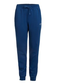 Pantalones de chándal azules con cintura elástica y cordón, diseño de pierna ajustada, bolsillos laterales y un pequeño logo en el muslo izquierdo.