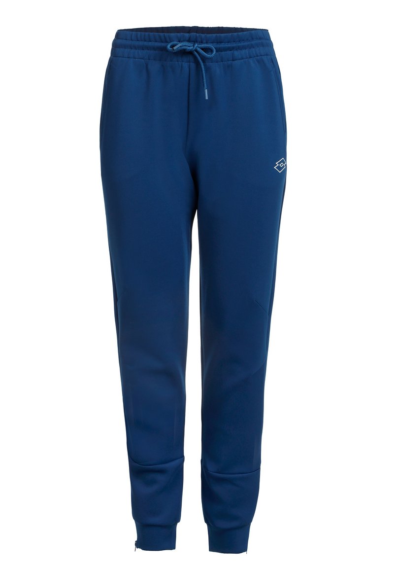 Pantalones de chándal azules con cintura elástica y cordón, diseño de pierna ajustada, bolsillos laterales y un pequeño logo en el muslo izquierdo.