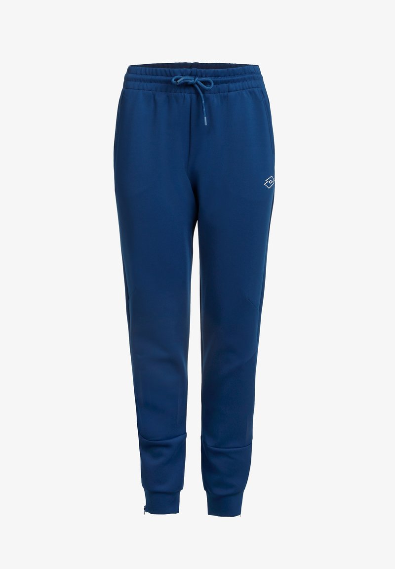 Pantalones de chándal azules con cintura elástica y cordón, diseño de pierna ajustada, bolsillos laterales y un pequeño logo en el muslo izquierdo.