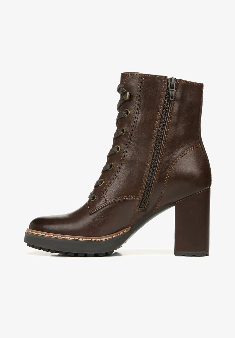 Brown leather ankle boot with a high block heel, lace-up front, and a side zipper; features decorative stitching and rubber outsole for grip.