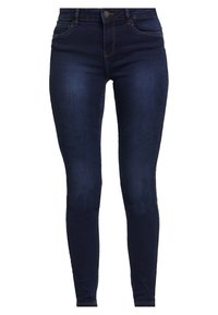 Mörkblå denim skinny jeans med hög midja, femficksdesign och subtila sömdetaljer. Slät textur och figurnära passform.