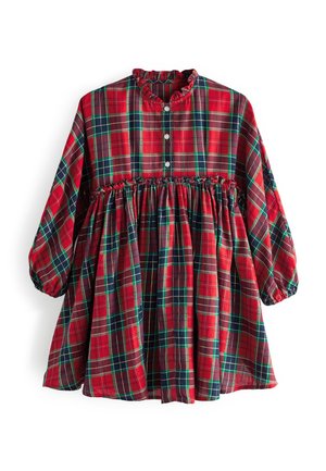 Vestido de mangas largas a cuadros rojos, verdes y azul marino con cuello rizado, tapeta de tres botones, cintura fruncida y puños elásticos.